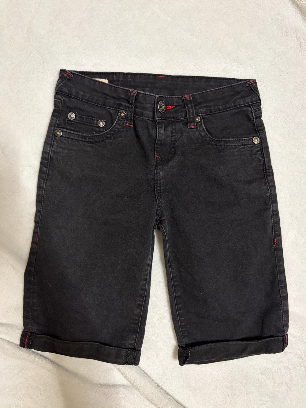 True Religion Black Denim Shorts with Red Stitching